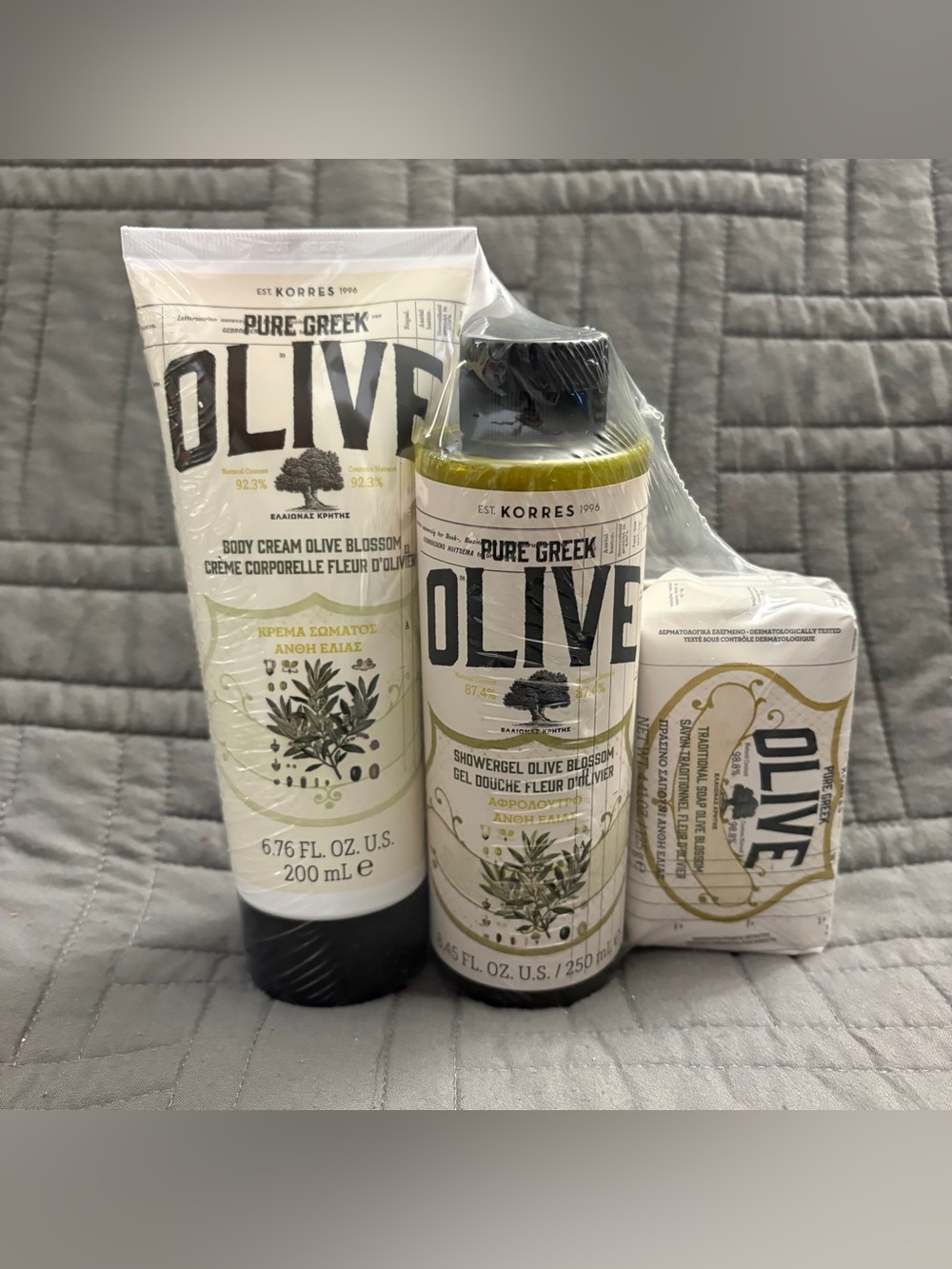 Korres Pure Greek Olive Blossom 3 piece Shower Gel Body Cream & Soap Sealed